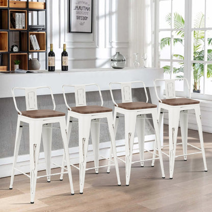 Andeworld Bar Stools Set of 4 Counter Height Stools Industrial Metal Barstools with Wooden Seats( 24 Inch, Distressed White )