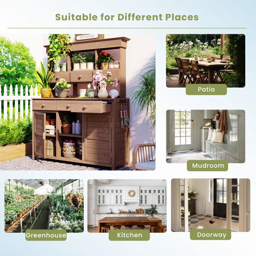 Rustic 65.7'' Tall Garden Potting Bench Table with Hutch, 3 Shelves, 6 Drawers, 2 Cabinets & 3 Side Hooks for Mudroom, Patio, 3 Color