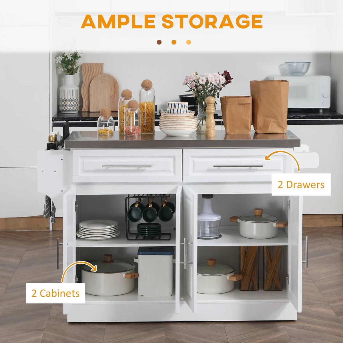 HOMCOM Multi-functional Rolling Kitchen Island Cart with Cabinets and Drawers, Portable Kitchen Storage Cabinet with Spice Rack, Towel Rack, Knife Rack, Steel Top