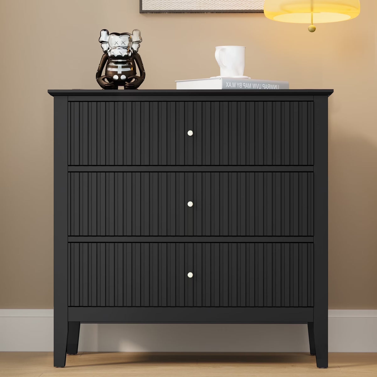 May Color Large White 3 Drawer Dresser Set of 2 with Fluted Panel, Modern Chest of Drawers with Silent Slide Drawers, Wood Accent Nightstand with Storage for Bedroom Living Room, Hallway