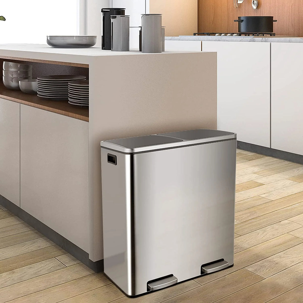 Arlopu 60 L/16 gal Dual Trash Can, Stainless Steel Garbage Can for Kitchen, Recycle Bin with Lid