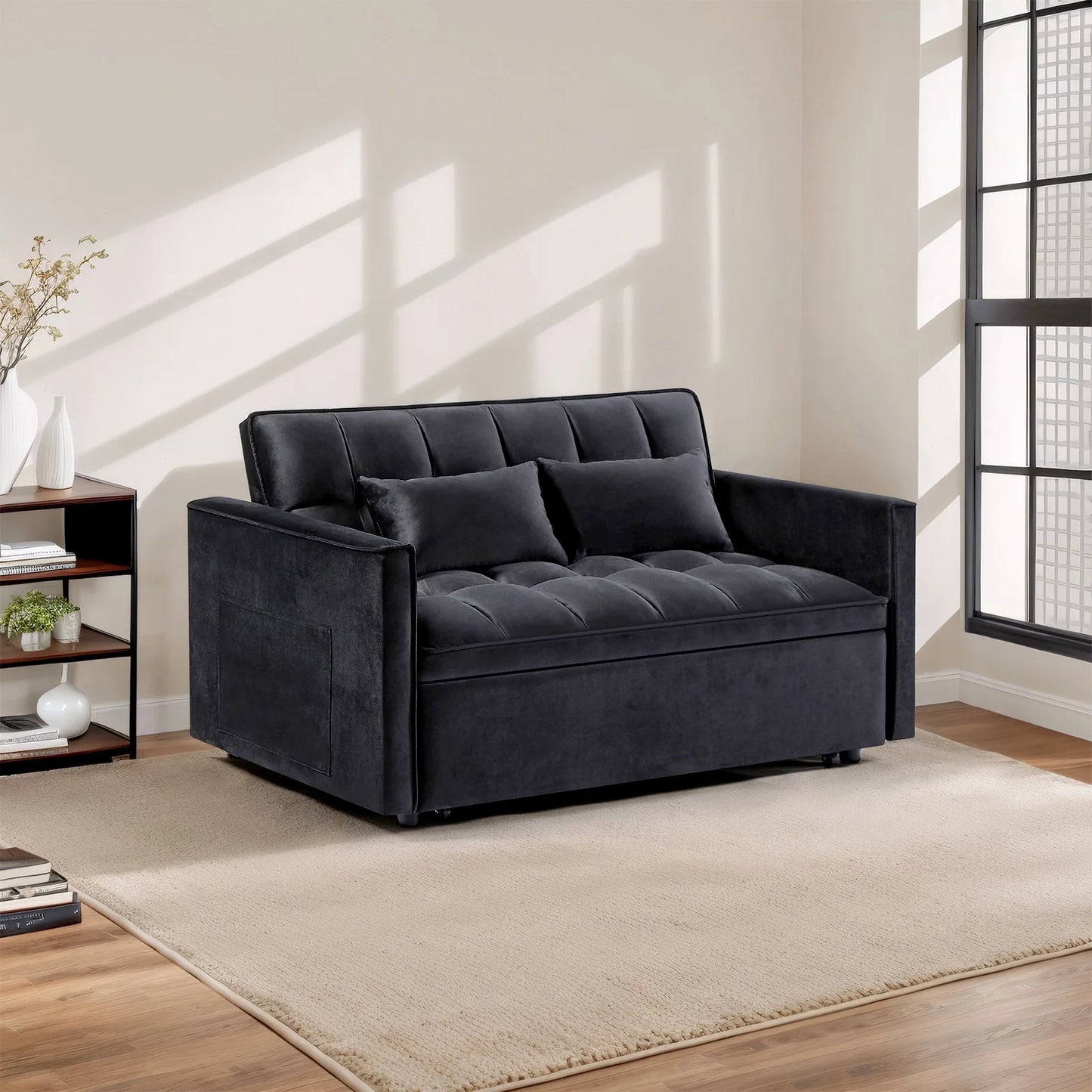 3 in 1 Convertible Sleeper Sofa Bed, Futon Couches for Living Room with Side Pocket | Adjustable Backrest| Velvet Fabric | Pull Out Couch | Love-seat sofa| Sectional Sofa Bed| 2-seat sofa bed