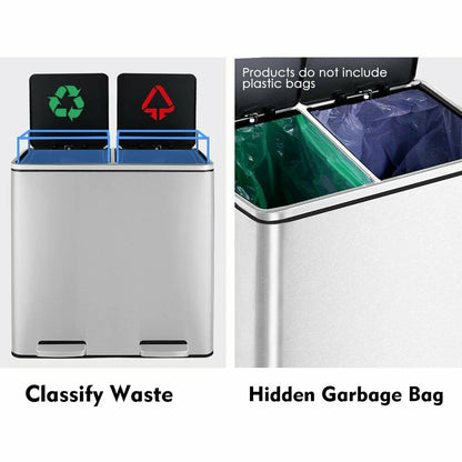 LAZY BUDDY Dual Garbage Can, Stainless Steel 16 Gallon Step Kitchen Trash Can with Soft-Close Lid, Double Compartment Garbage Recycling Bin