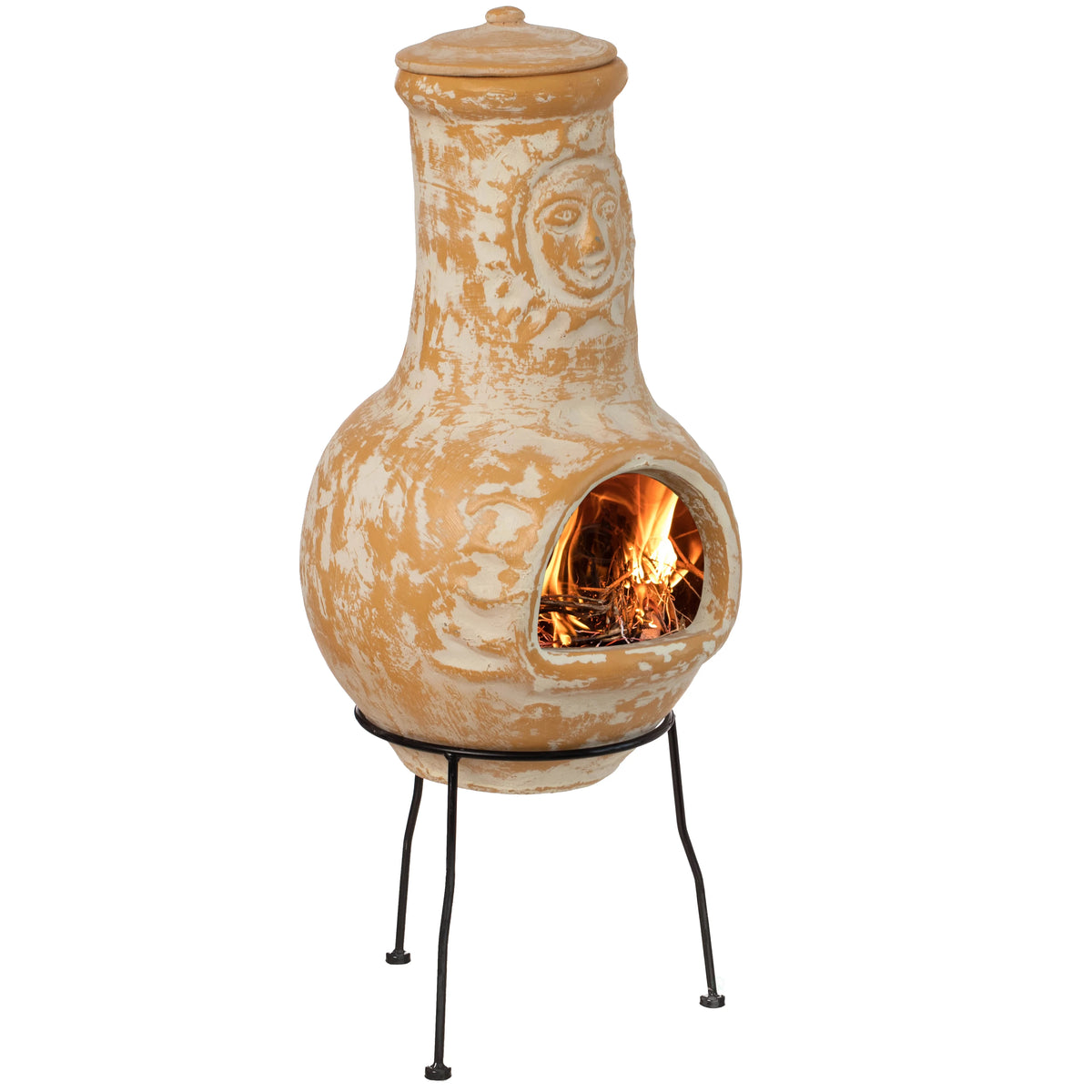 Vintiquewise QI004631.TC Outdoor Clay Chiminea Fireplace Sun Design Wood Burning Fire Pit with Sturdy Metal Stand, Barbecue, Cocktail Party, Cozy Nights Fire Pit, Terra Cotta