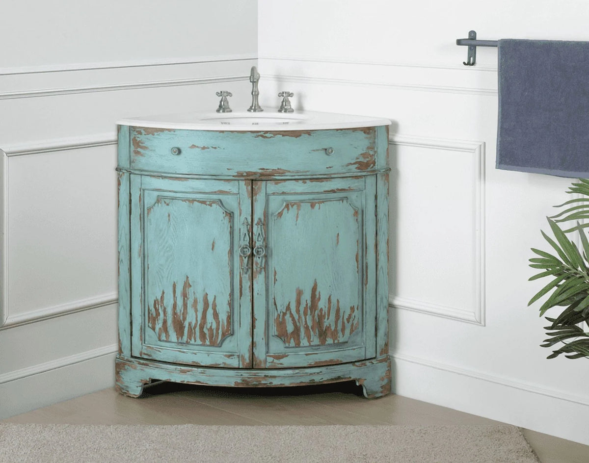 Benton Collection 24" Distressed Gray Corner Bathroom Vanity with White Quartz Top