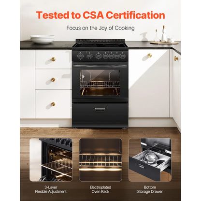 KFFKFF 24-inch Electric Range Oven, 2.7 Cu. Ft. Compact Freestanding Design, Stainless Steel Finish, Features 4 Burners, Adjustable Racks, Storage Drawer, Drip Pan, and Indicator Light, Black