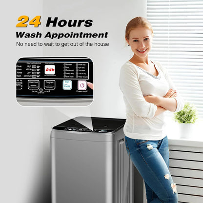Kcpolre Portable Washing Machine, 25 lbs Full Automatic Washer with 10 Programs & 8 Water Levels, Top Load Clothes Washing Machines with LED Display for Home, Apartment, Grey