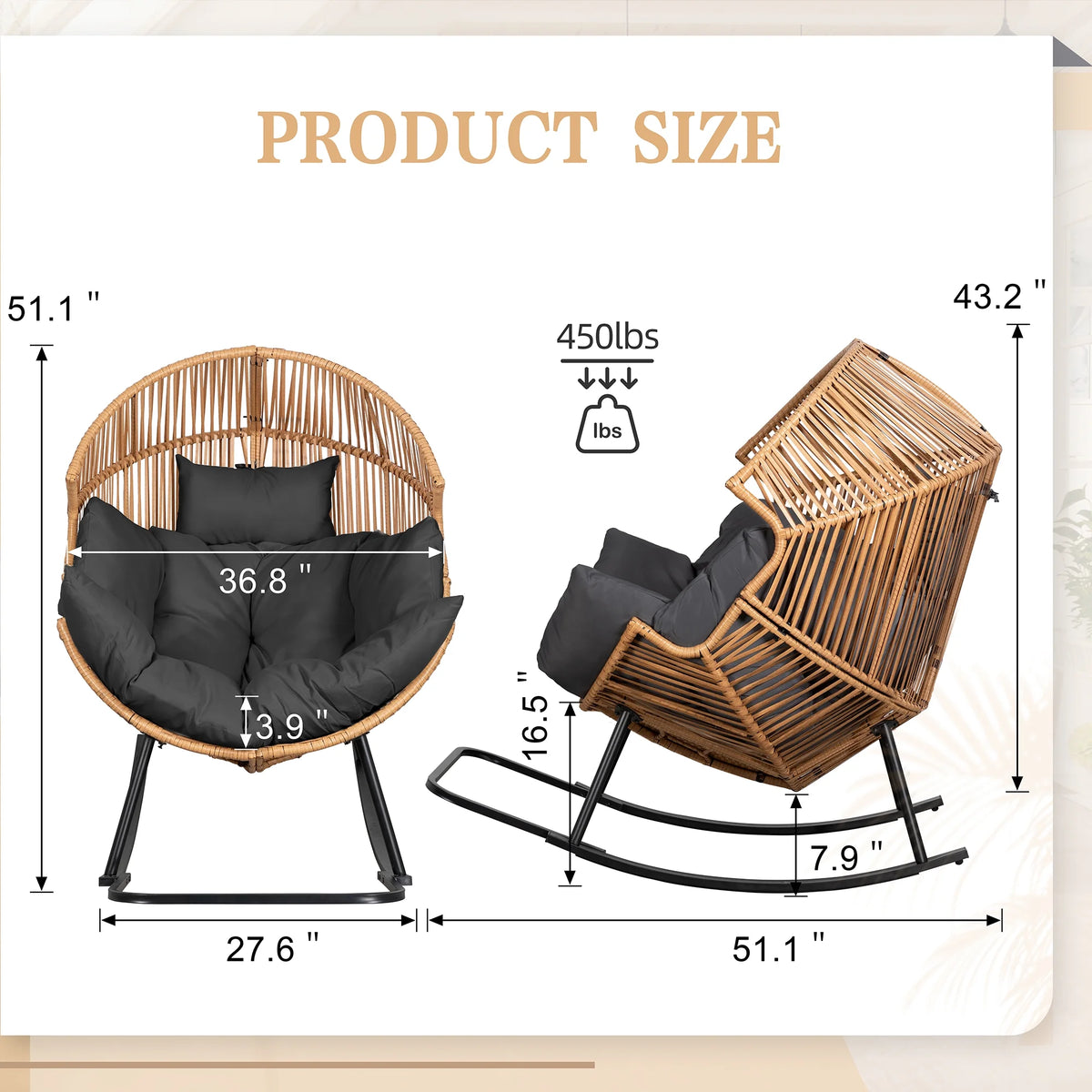 Walsunny Egg Chairs Outdoor Patio Wicker Oversized Egg Shell Lounger Lawn Chair with Cushion for Indoor Outside Porch Balcony Backyard, Original Wood Color Rattan Beige Cushion