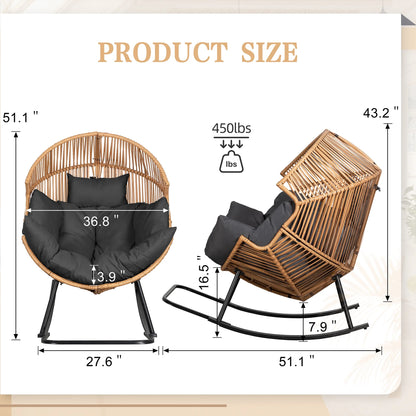Walsunny Egg Chairs Outdoor Patio Wicker Oversized Egg Shell Lounger Lawn Chair with Cushion for Indoor Outside Porch Balcony Backyard, Original Wood Color Rattan Beige Cushion