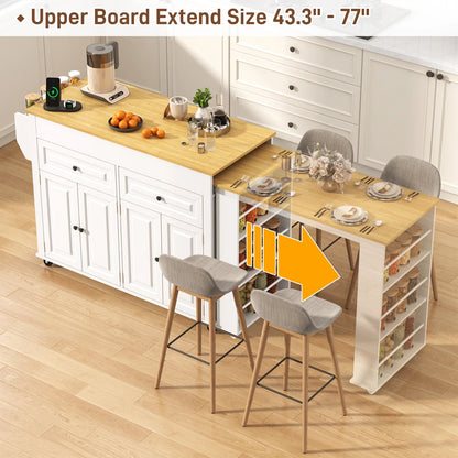 ANPOO Large Kitchen Island with Extendable Dining Table and Power Outlet, Rolling Kitchen Island Cart on Wheels with 2 Storage Cabinets & 2 Drawers & 3 Spice Racks, Island Table for Kitchen
