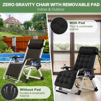 NAIZEA 2 Pack Zero Gravity Chair, Foldable Portable Lawn Recliner with Cushion, Headrest, Cup Holder, Black