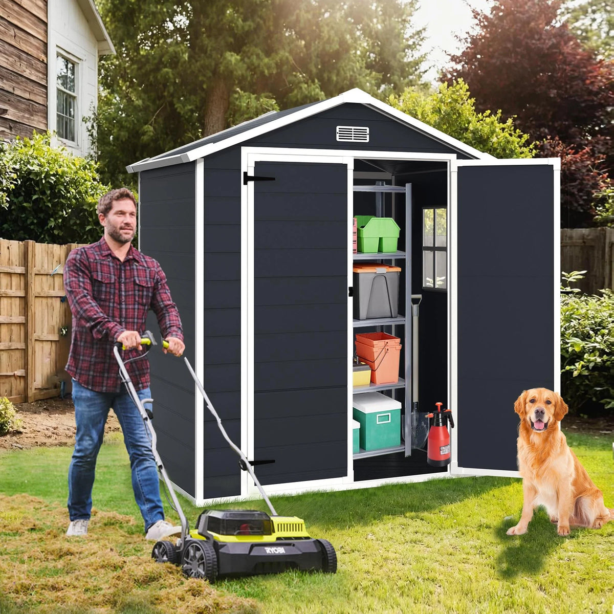 Outdoor Shed & Storage, Seizeen All-Weather Plastic Sheds 82'' H, Sloped Top Garden Shed with Window, Heavy-Duty Resin Outdoor Storage W/Floor, Gray