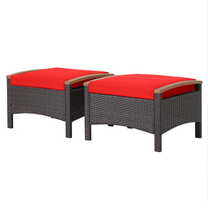 Costway Set of 2 Patio Rattan Ottoman Footrest Cushions Wooden Handle Beige