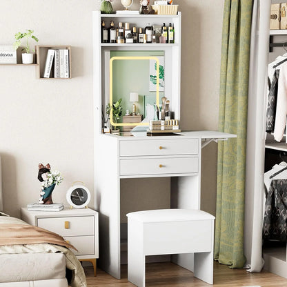 Montary Modern Mini Vanity w/Adjustable LED Mirror + Hidden Storage, Padded Stool & Dustproof Shelves (White)