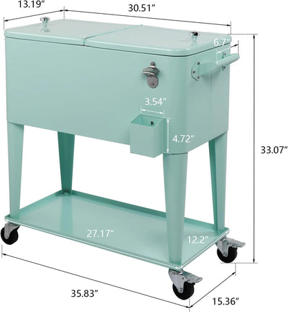 80 Quart Rolling Ice Chest, Portable Bar Drink Cooler with Catch Basin, Bottom Storage Tray and Bottle Opener for Patio Party BBQ Beach Activities