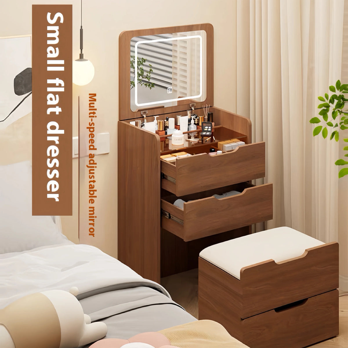 Miniyam Vanity Desk with Lighted Flip Mirror, Drawers & Stool, Makeup Table for Adults, Walnut
