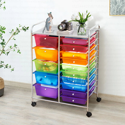 Costway 15 Drawer Rolling Storage Cart Tools Scrapbook Paper Office School Organizer White