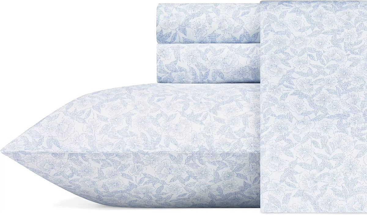 Laura Ashley Home - Full Sheets, Soft Sateen Cotton Bedding Set - Sleek, Smooth, & Breathable Home Decor,Blossoming Blue Blossoming Blue/White Full