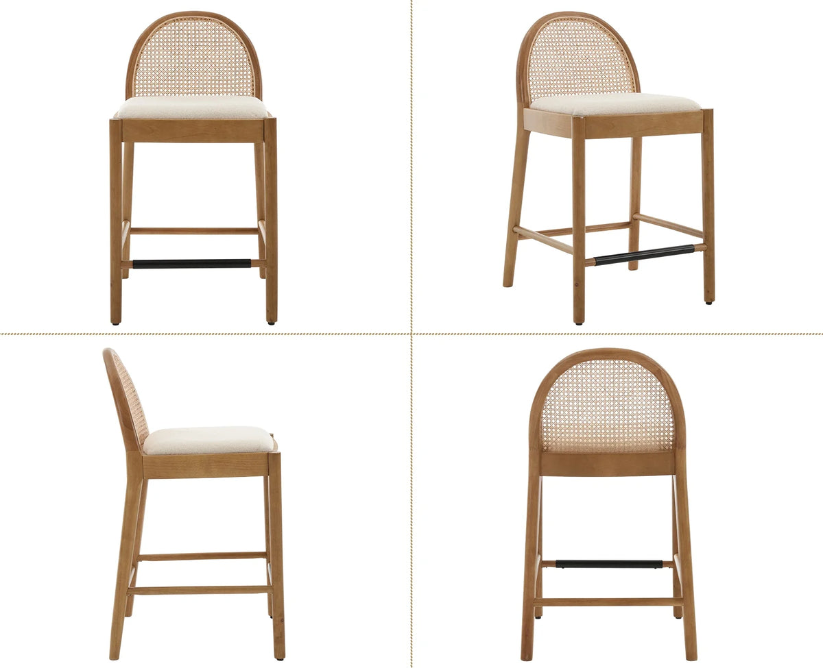 Guyou Modern Bar Stools Set of 2, 26" Counter Height Bar Stools with Natural Rattan Back and Solid Wood Frame, Sherpa Upholstered Kitchen Island Chairs for Bar Island Cafe Kitchen, Black