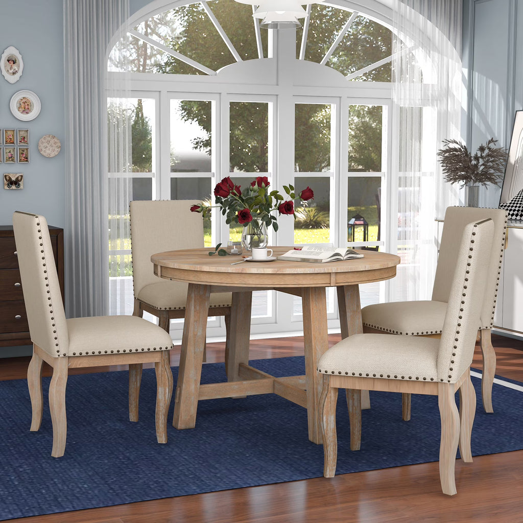 Bellemave 5-Piece Round Dining Table Set, Wood Farmhouse Extendable Dining Table and 4 Upholstered Dining Chairs, Kitchen Dining Table Set for 4 ��Antique White��