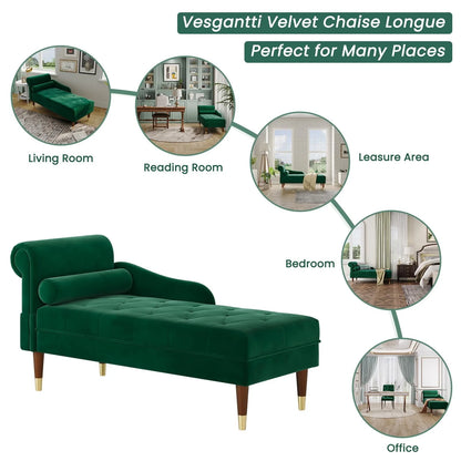 Chaise Lounge Indoor,Vesgantti 59" Velvet Modern Lounge Chair Upholstered with Arm Lumbar Pillow Sofa Chair for Living Room Office,Green