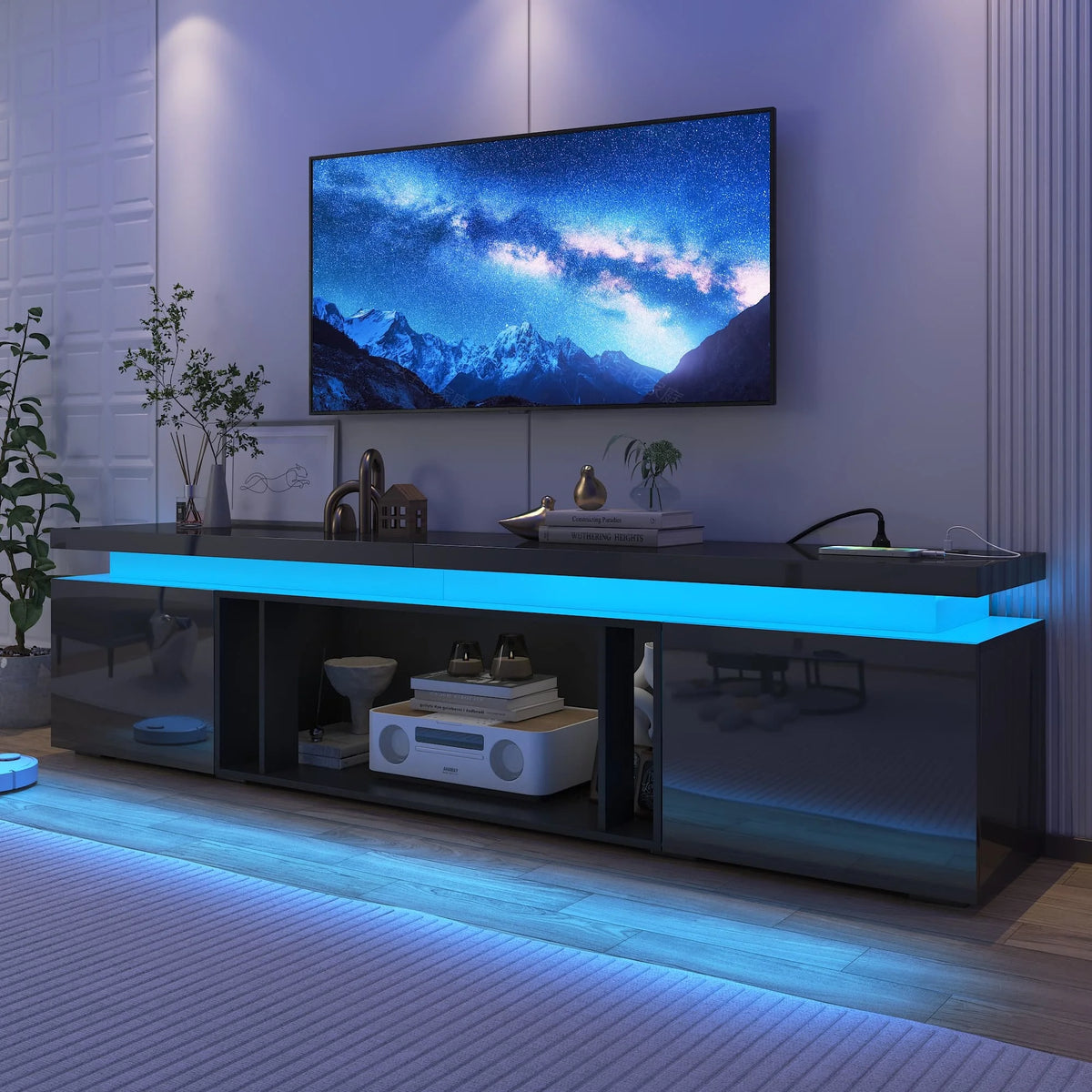 Blotout High Gloss LED TV Stand for up to 80" TVs /40" Electric Fireplace, 71" Large Entertainment Center Console Table with Power Charging Station