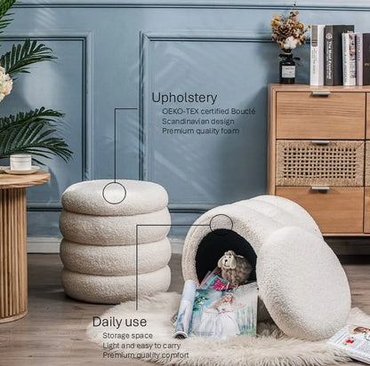 White Boucle Pouf with Storage Vintage Style Living Room