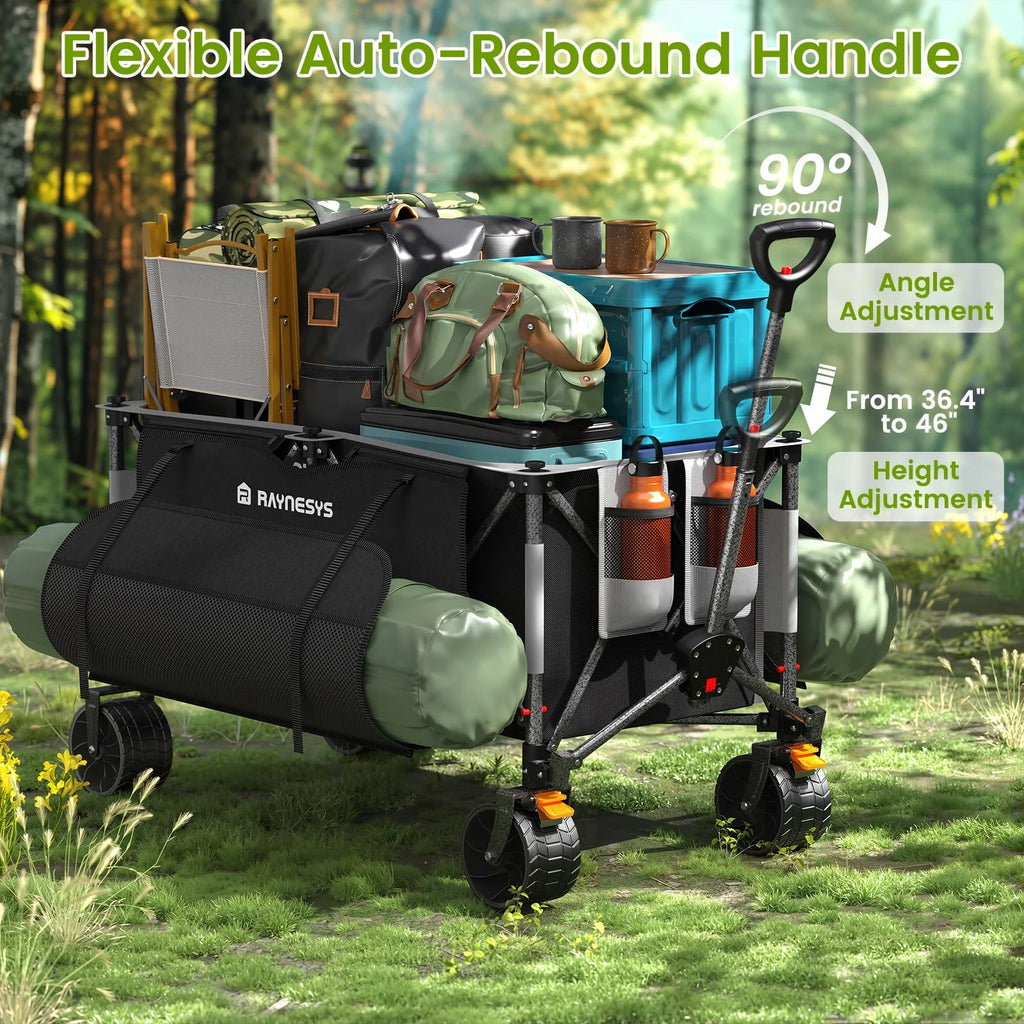 Raynesys 300L Foldable Wagon Cart with Wheels, 440lbs Heavy Duty Beach Wagon for Sand Sports Camping Grocery, Black & Gray