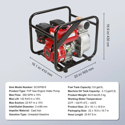 BENTISM 3" 7HP 4-Stroke Gasoline Engine Water Pump Gas Powered Water Transfer Pump