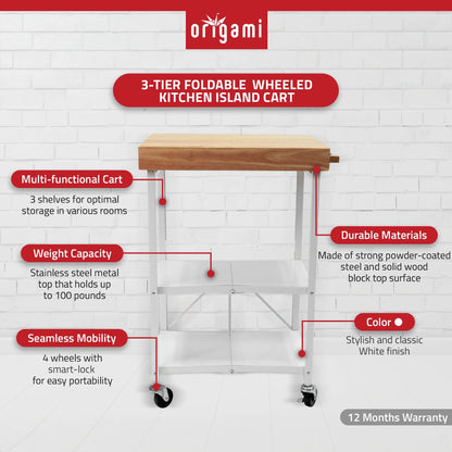 Origami Foldable Wheeled Portable Solid Wood Top Kitchen Island Bar Cart