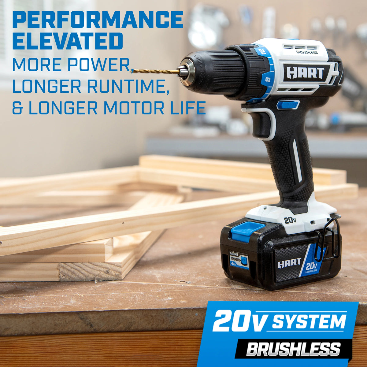 HART 20 Volts 4-Tool Brushless Combo Kit, (1) 2.0Ah and (1) 4.0Ah Lithium-Ion Battery