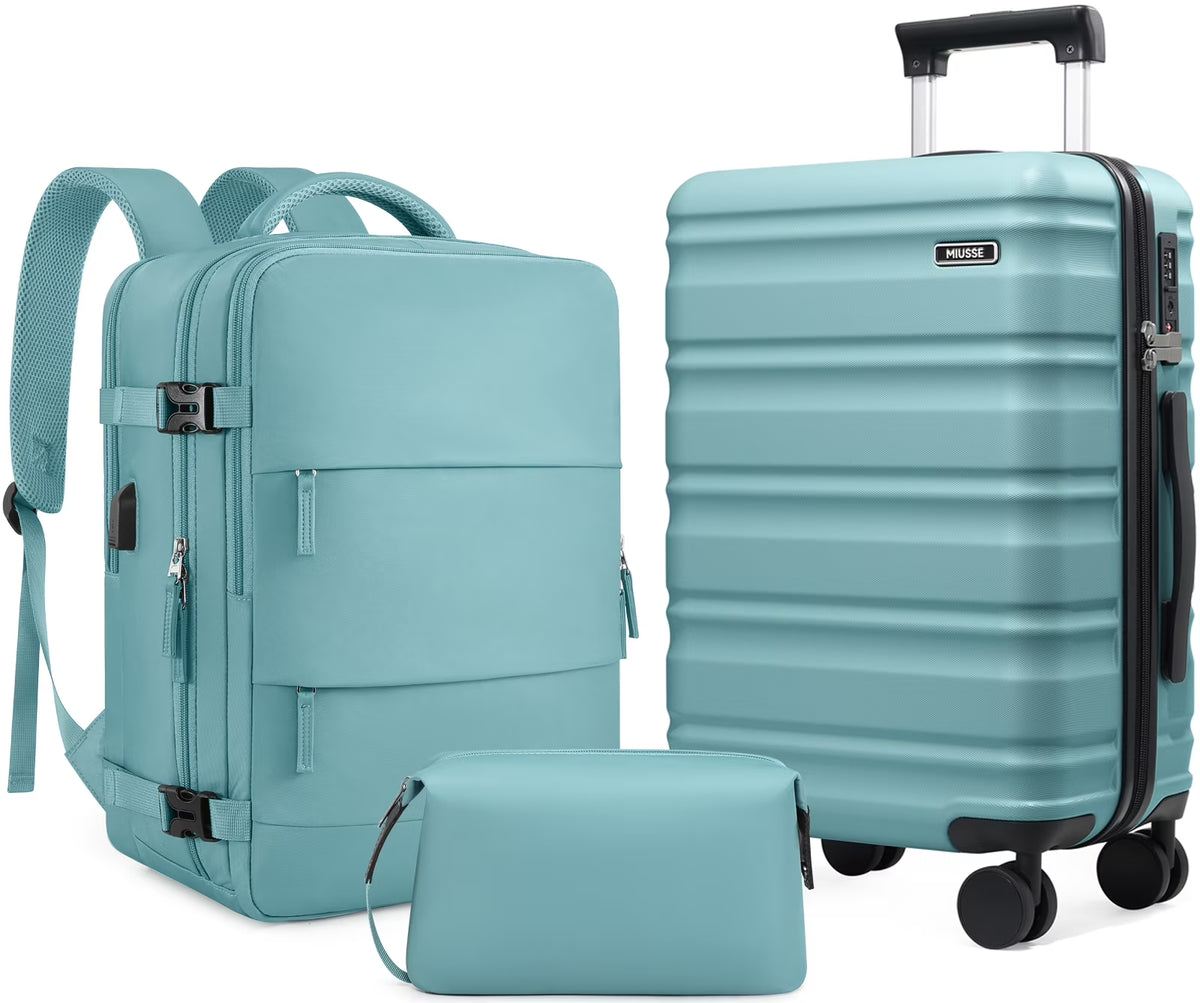 MIUSSE Luggage Sets 3 Piece, 20 Inch Carry On Luggage with Wheels, 100% PC Hardshell Suitcase with TSA Lock, Carry On Suitcases Airline Approved With Travel Backpack for Men Women