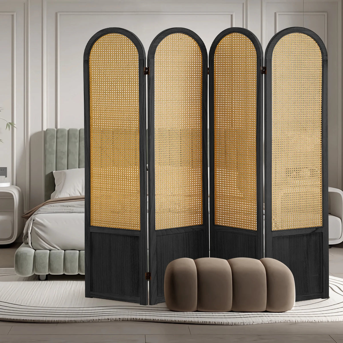 Aletheiawu 6 Panel Rattan Room Divider and Folding Privacy Screens, No Installation Required, Black