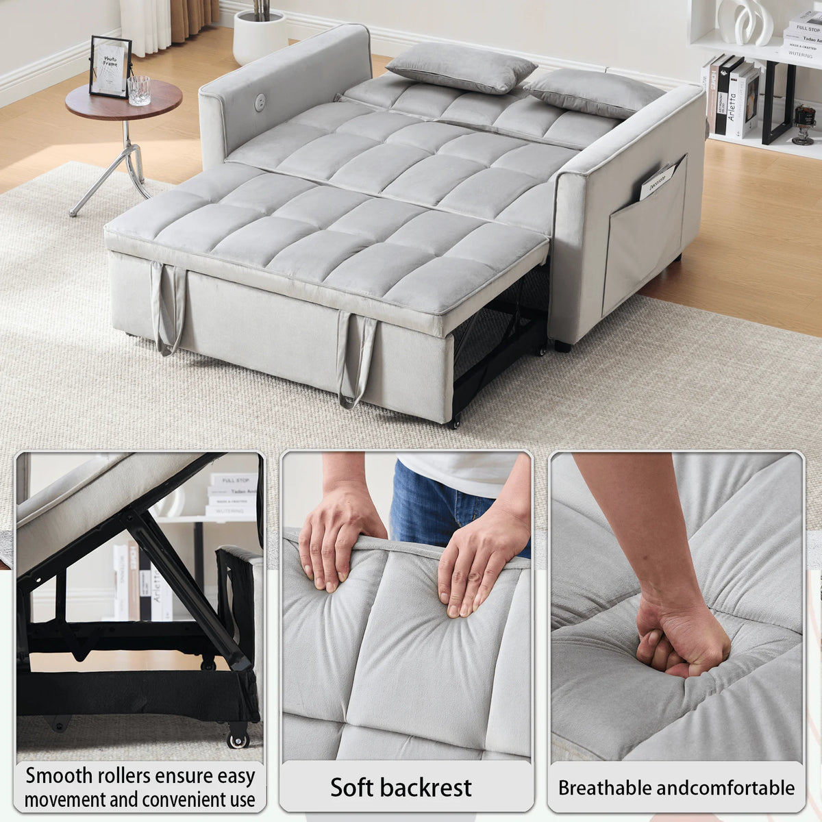 Velvet 3-in-1 Convertible Sofa Bed �C USB Charging, Adjustable Backrest Pull-Out Couch Loveseat Sleeper for Living Room, Apartment & Small Space,Black