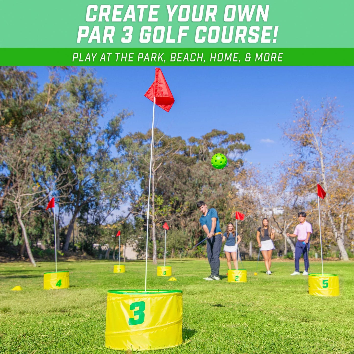 GoSports Yard Links Golf Game with 6 Buckets,  Backyard Practice Golfer Game, Tee Markers and 6 Balls