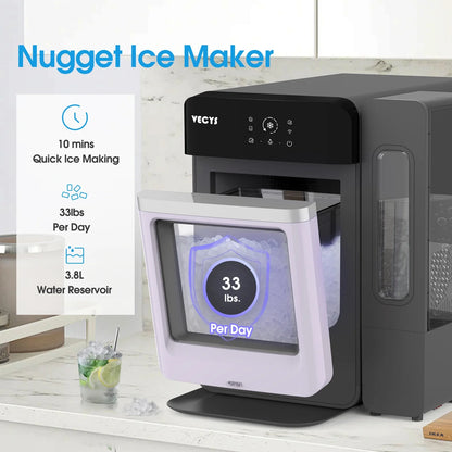 VECYS Nugget Ice Maker with Steel Trim, 33LBS/Day Self-Cleaning