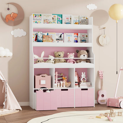 Homfa 55.5�� H Kids Bookshelf with 2-Tier Book Shelves, Children Toy Organizer with 3 Cubes and Removable Drawers, White