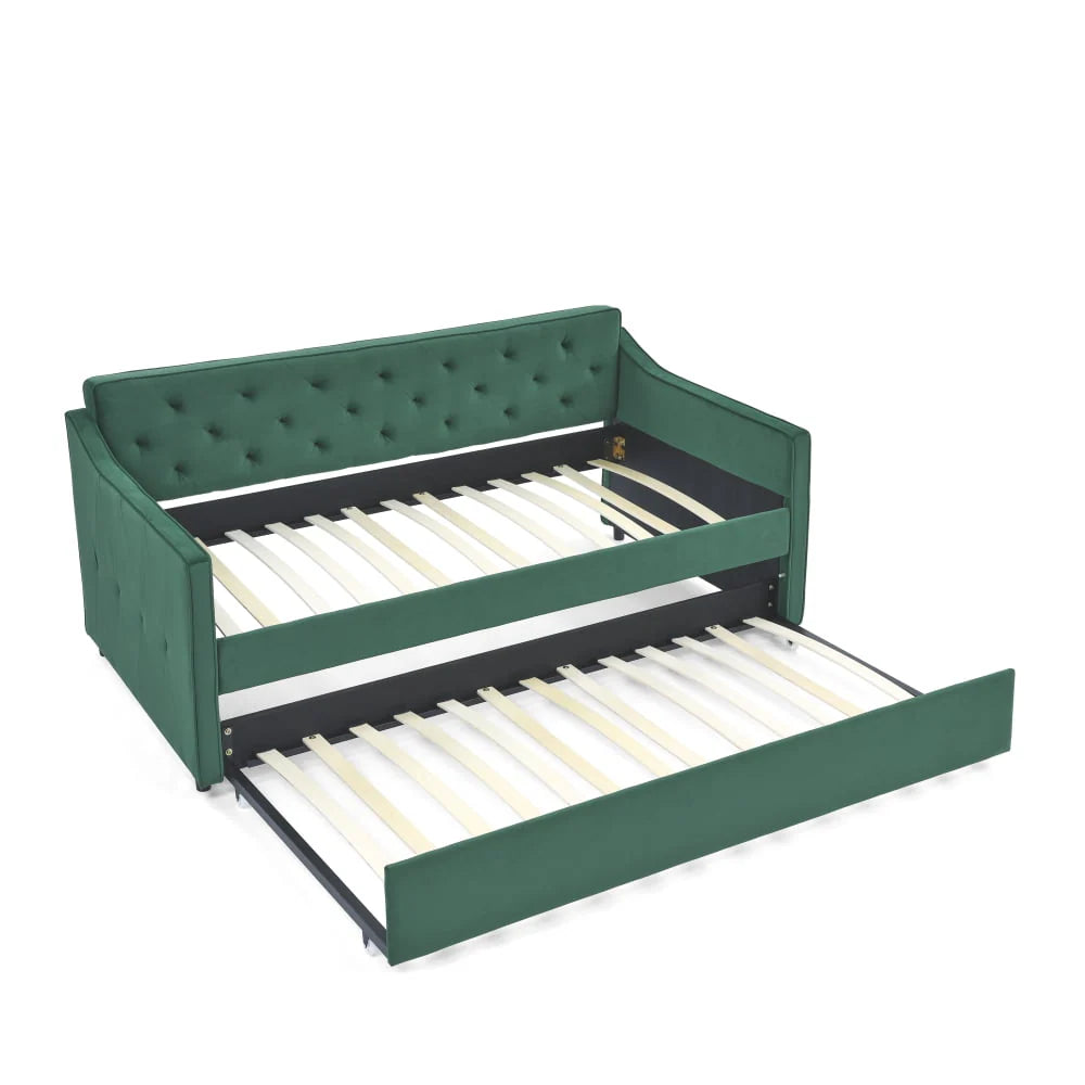 Twin Size Daybed with Trundle, Modern Button Tufted Linen Upholstered Sofa Day Bed Frame with A Roll-Out Trundle, Bedframe Furniture for Bedroom Living Room Guest Room,Green