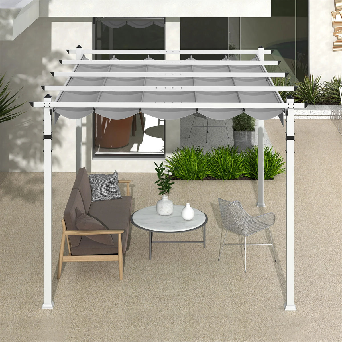 Gymax 12' x 10' Outdoor Pergola w/ Retractable Canopy Aluminum Frame Anchors Patio Grey