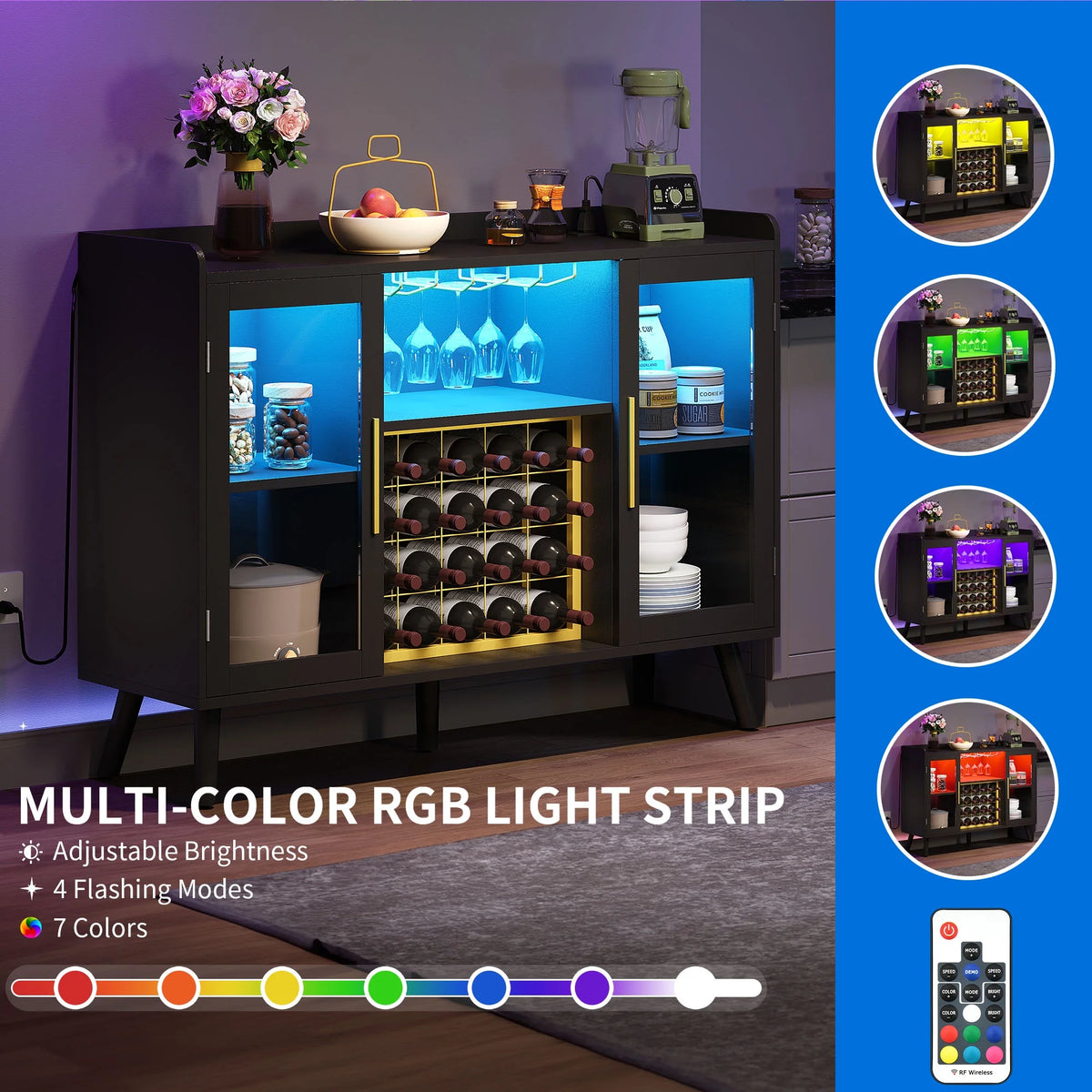 DEXTRUS Wine Bar Cabinet with Power Outlet & LED Light, Cabinet with Wine Rack & Glass Holder, White