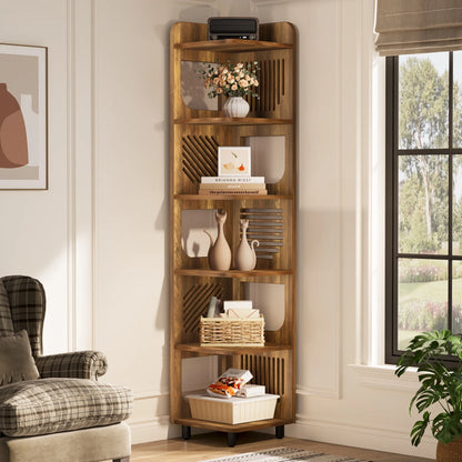Fnova 71" 6-Tier Tall Corner Bookshelf, Rustic Wooden Narrow Corner Bookcase with Artistic Square Rack, Freestanding Display Storage Shelf for Space-Saving Home Organizing