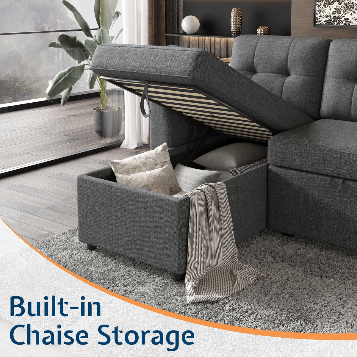 VANACC Sectional Sofa Bed with Storage and Soft Seat ,Reversible Pull Out Couch for Living Room,Beige