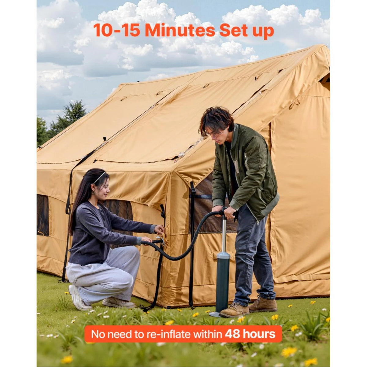 Inflatable Tents for Camping, 8-12 Person Easy Setup Blow up Tent with Hand Pump, 4 Season Luxury Glamping Tent with 2 Skylights, Canopy, Stove Jack, 2 Doors & Mesh Windows (Include Storage Bag)