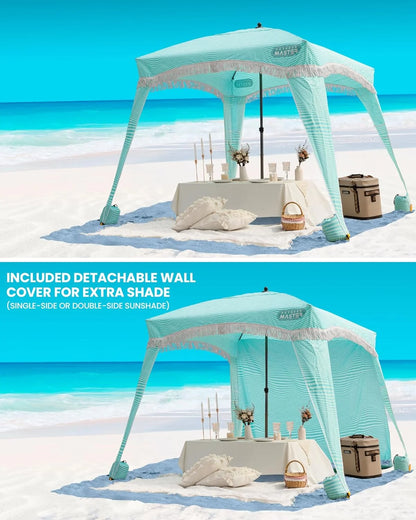 OutdoorMaster Beach Cabana with Fringe, Portable 6' x 6' Beach Canopy, Easy Set Up Beach Shelter, Included Side Wall, UPF 50+ UV Protection Sun Umbrella - for Kids, Family & Friends