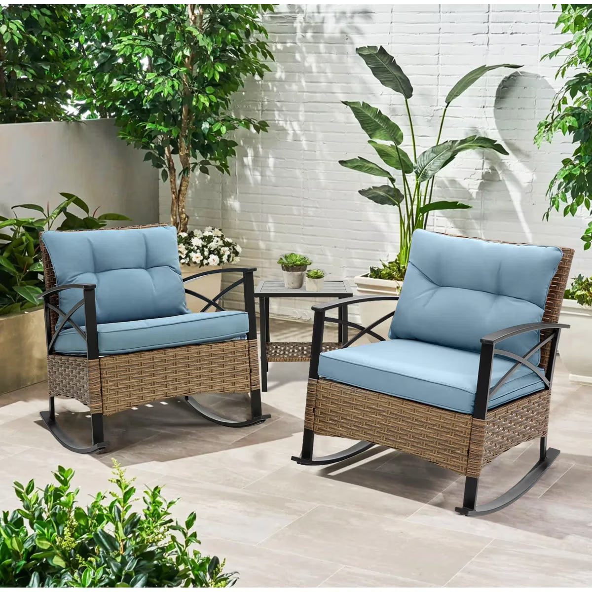 3 Pieces Patio Outdoor Conversation Set, Patio Furniture Bistro Set with 2-Tier Coffee Table, PE Wicker Rocking Chairs with Blue Cushions for for Backyard Porch Poolside