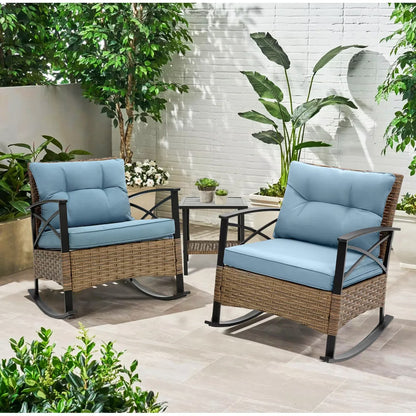 3 Pieces Patio Outdoor Conversation Set, Patio Furniture Bistro Set with 2-Tier Coffee Table, PE Wicker Rocking Chairs with Blue Cushions for for Backyard Porch Poolside
