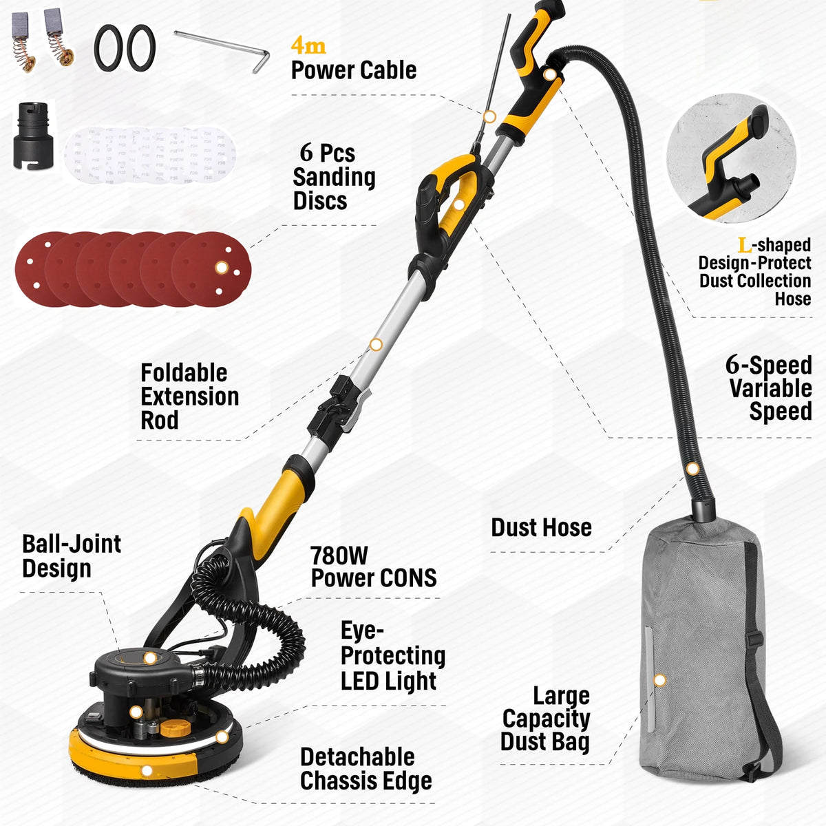POVANLI 780W Electric Drywall Sander with Vacuum Dust Collection, 6.5A Motor Dustless Floor Sander with Variable Speed 900-1800RPM, LED Light, Extendable & Foldable Handle Yellow+Black