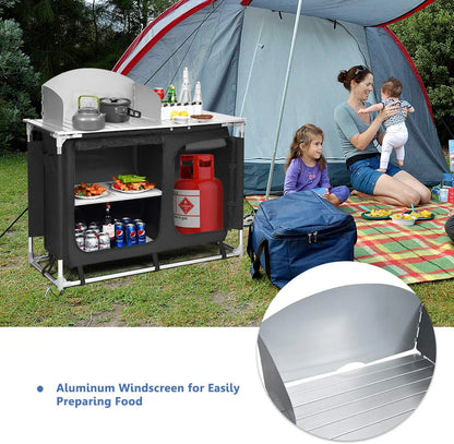 Camping Kitchen Table, Camping Grill Table w/Windscreen & Storage Organizer, Outdoor Kitchen Cook Station with Basin for BBQ, Party, Picnics, Backyards, BBQ Table