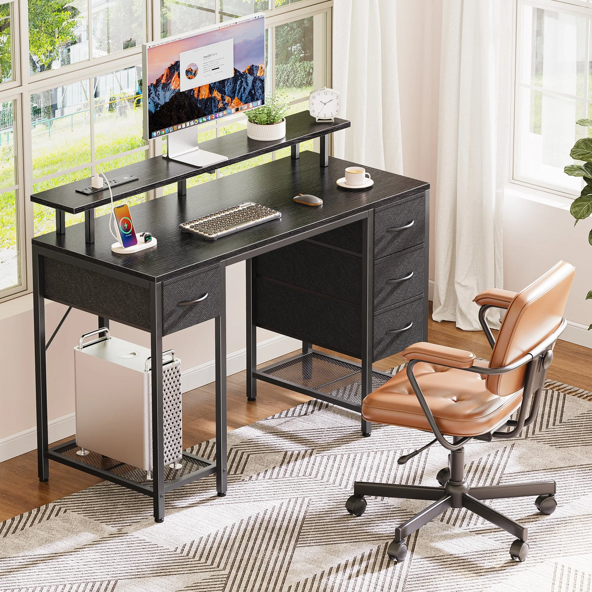 55.1" LED Gaming Desk with Drawers, Computer Desk with Outlets, Office Desk with 4 Drawers, Corner Desk, Writing Desk in White