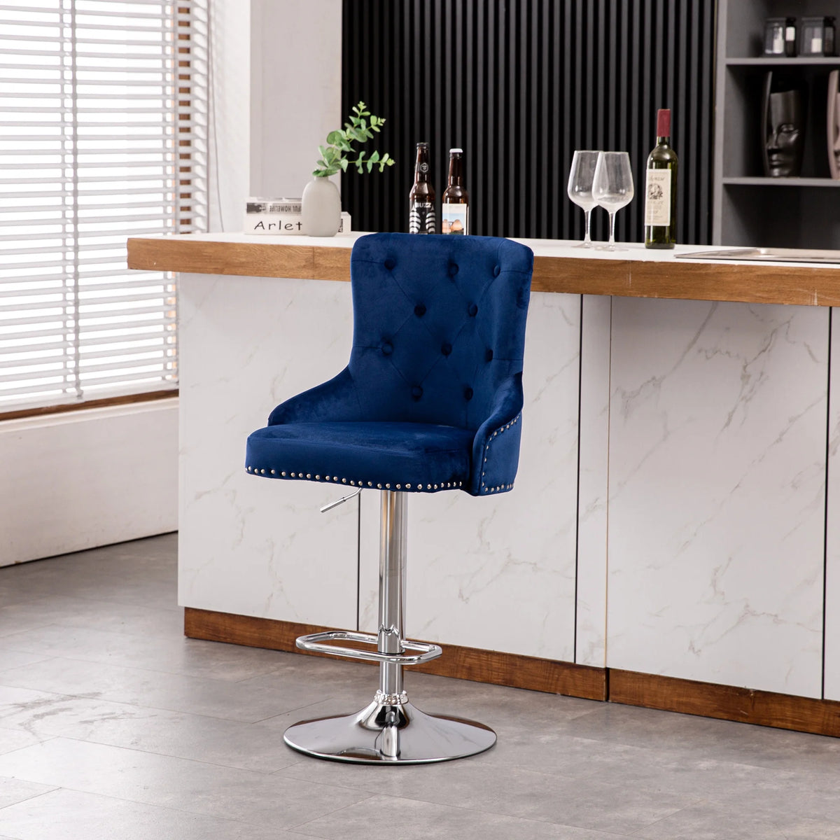 Alexent  2PCS Swivel Bar Stools, High Back, Button Tufted, Silver Footrest and Nailhead Trim Swivel Bar Chairs for Kitchen, Bar Velvet Upholstered Bar Stools, Dark Blue